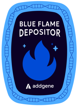 Badge reads "Blue Flame Depositor Addgene". It is given to labs whose plasmids have been requested 100+ times